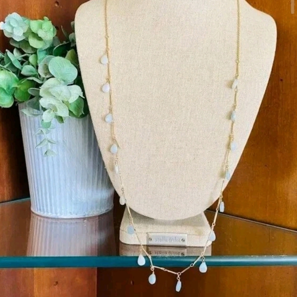 Vintage Bar Link Long Necklace With Pale Aqua Faceted Teardrop Stones/Glass